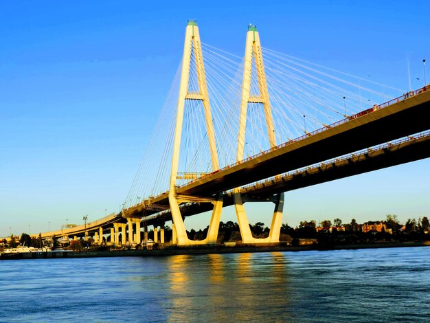 Low Angle View of a River Bridge Under a Clear Blue Sky – Free Download