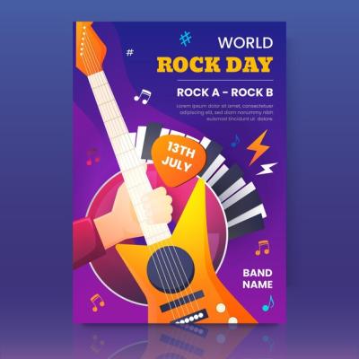 Vertical Poster Template Featuring Hand Holding Guitar on a Gradient World Rock Day – Free Download