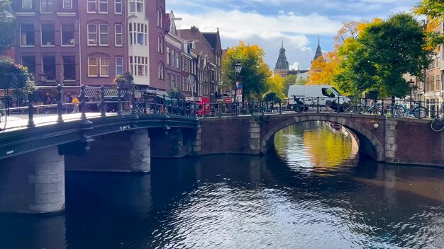 Amsterdam Autumn Cityscape: Narrow Old Houses, Canals, and Boats – Free Download