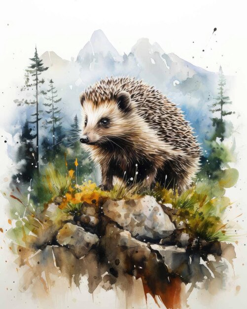 Double Exposure Hedgehog and Nature Mountains Trees Watercolor Art – Free Download