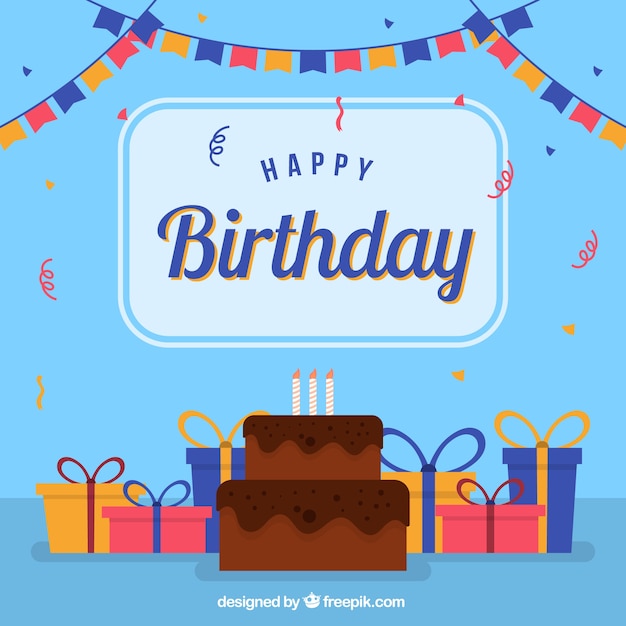 Flat Design Happy Birthday Background Featuring Cake and Gifts – Free Download