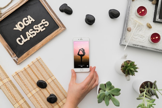 Calming Yoga Decor Featuring Smartphone â Free Stock Photo Download