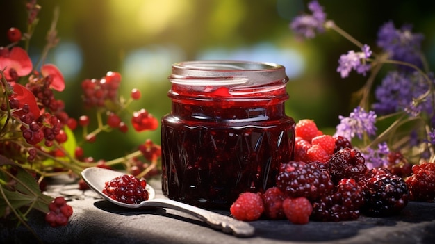 A Jar of Berry Jam on an Antique Table Surrounded by Flower Fields – Free Download