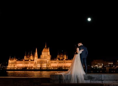 Beautiful Back View of a Loving Wedding Couple Against Budapest’s Illuminated Parliament at Night – Free to Download