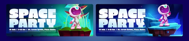 Cartoon Space Party Banner Featuring a Cute Kid Astronaut – Free Download