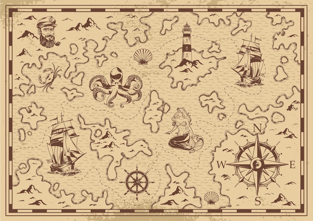 Vintage Monochrome Old Pirate Treasure Map – Free Download