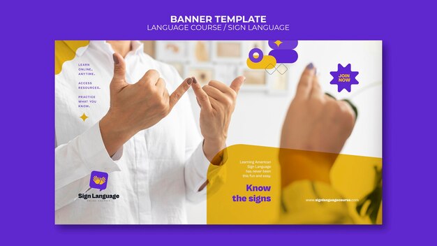 Language Courses and Sign Language Horizontal Banner Template – Free Download