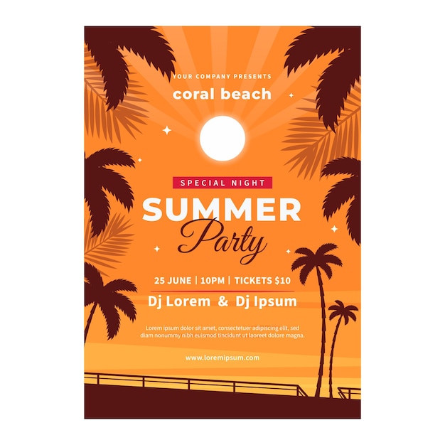 Flat Summer Night Party Poster Template with Palm Trees – Free to Download