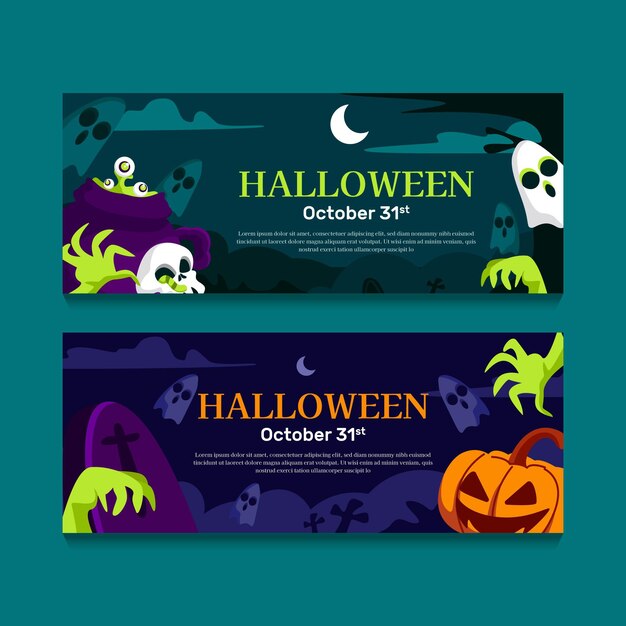 Hand Drawn Flat Halloween Sale Horizontal Banners Set – Free Download