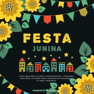 Festa Junina Background Featuring Houses and Sunflowers – Free Download