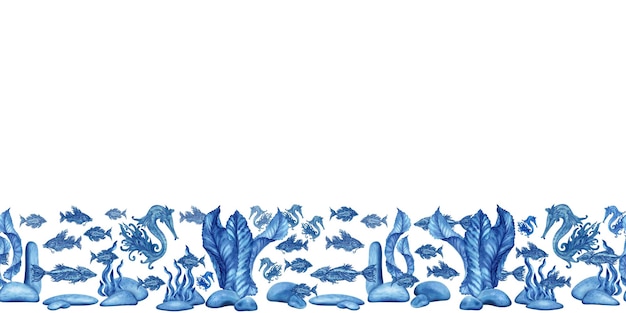 Fantasy Blue Flowers and Seahorse Handdrawn Watercolor Seamless Pattern – Free Download