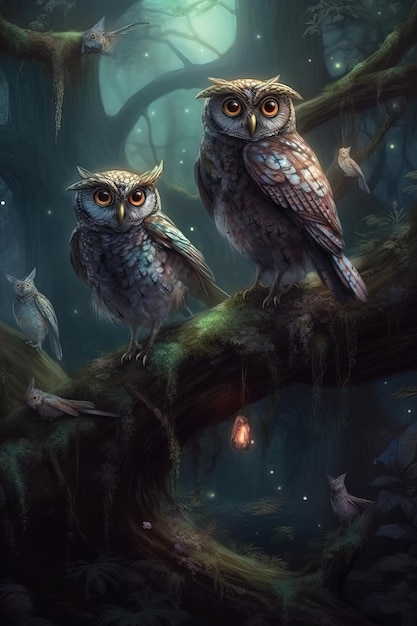 Fantasy Owls in a Fairy Forest on a Branch – Free Stock Photos for Download