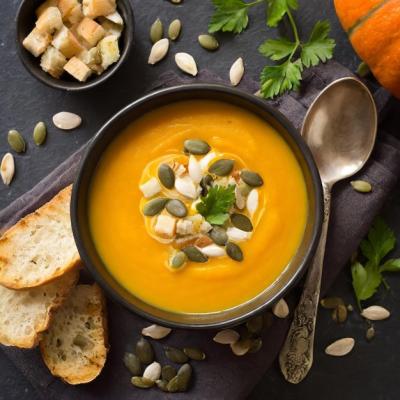 Pumpkin Soup with Bread in Bowl – Free Stock Photo for Download