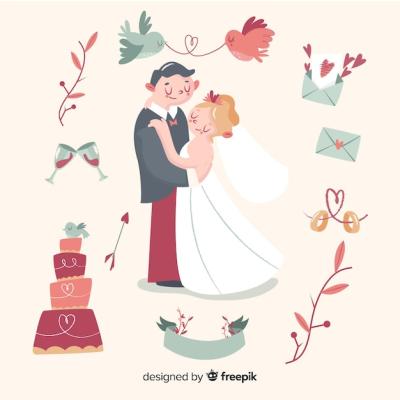 Hand Drawn Wedding Couple with Ornaments – Free Download