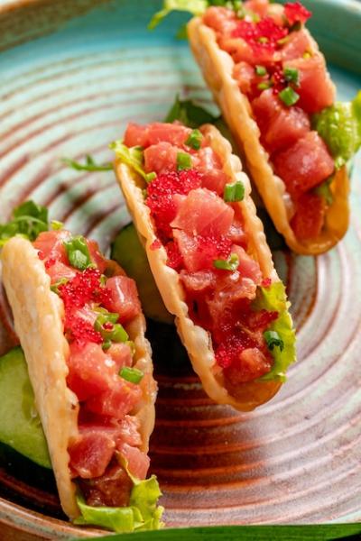 Salmon Tacos with Red Caviar and Green Onion – Free Stock Photo for Download