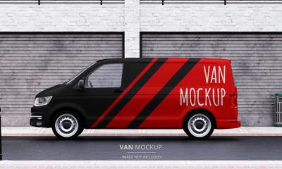 Realistic Van Mock Up on the Street from Left Side View – Free Download