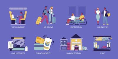 Railway Station Icons Set Featuring Cash Register and Online Payment – Free Download