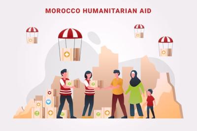 Gradient Illustration for Morocco Earthquake Humanitarian Aid with Parachute Boxes and People – Free Download