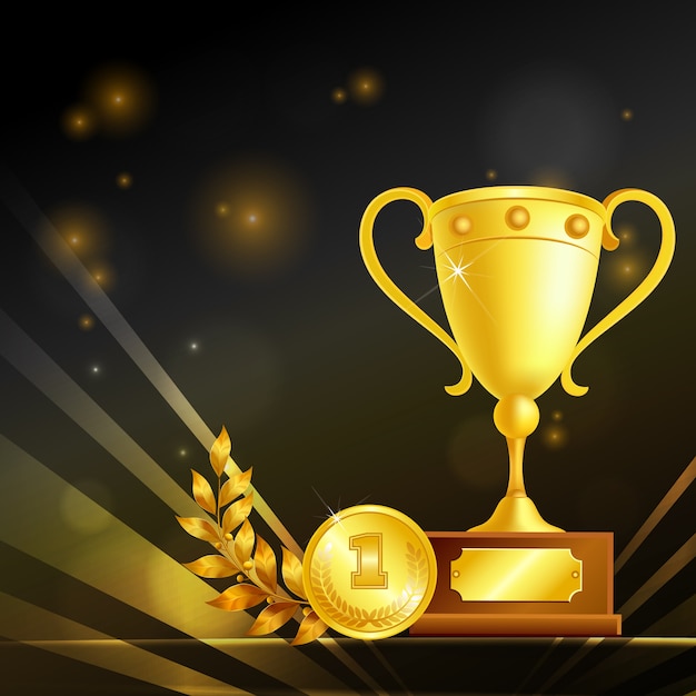 Realistic Trophies: Golden Goblet, Medal, and Laurel Branch on Black – Free Download