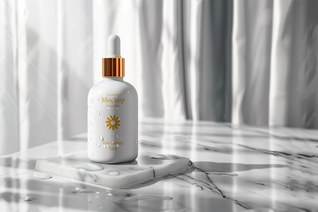 Luxury Serum Bottle Mockup on White Marble with Soft Curtain Background – Free Download