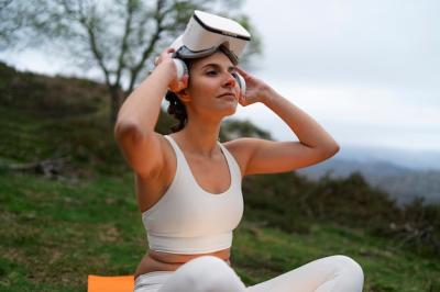 Woman Exercising Outdoors in Nature with VR Glasses – Free Download