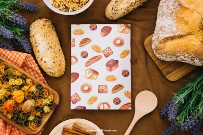 Book Cover Mockup Featuring Bread and Pasta – Free Download