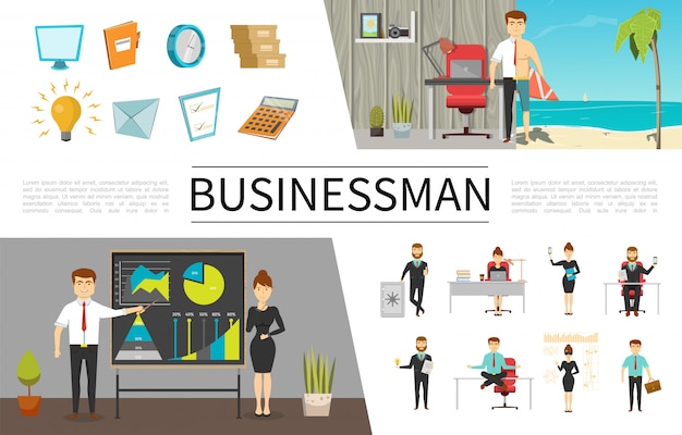 Flat Business People Concept: Businessmen and Businesswomen in Various Situations – Free Download