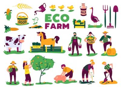 Eco Farming Harvest Collection: Isolated Farm Animals, Plants, and Doodle Characters – Free Download