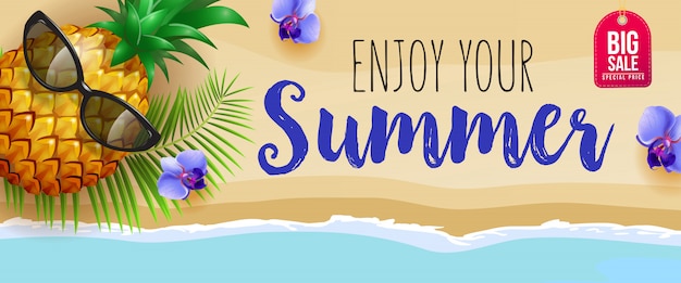 Big Sale Banner with Blue Flowers, Pineapple, Sunglasses, and Palm Leaf – Free Download