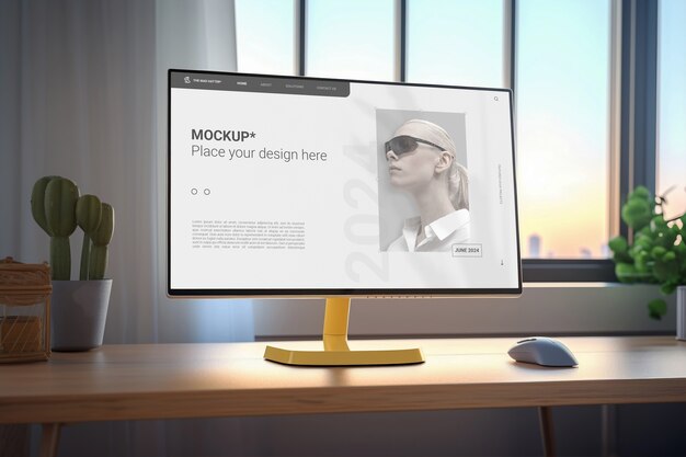 Desk Mockup Featuring a Monitor – Free Download