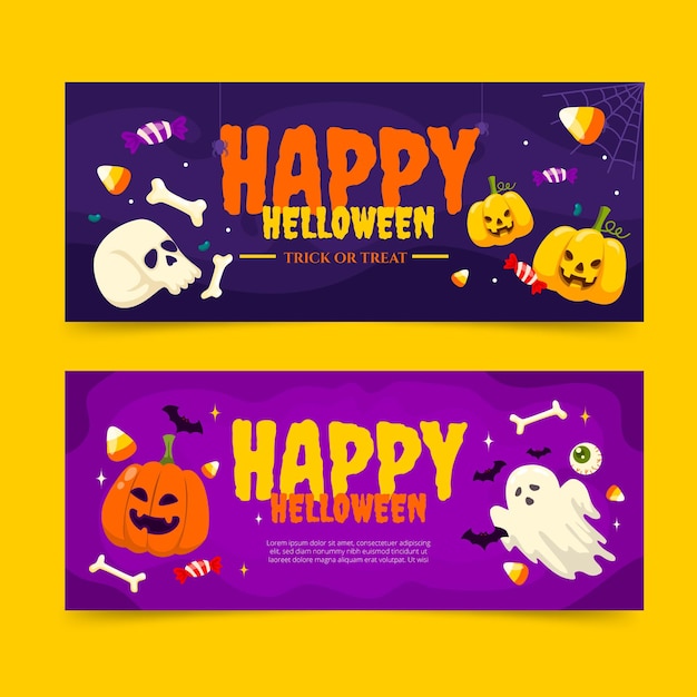 Hand Drawn Flat Halloween Horizontal Banners Set – Free to Download