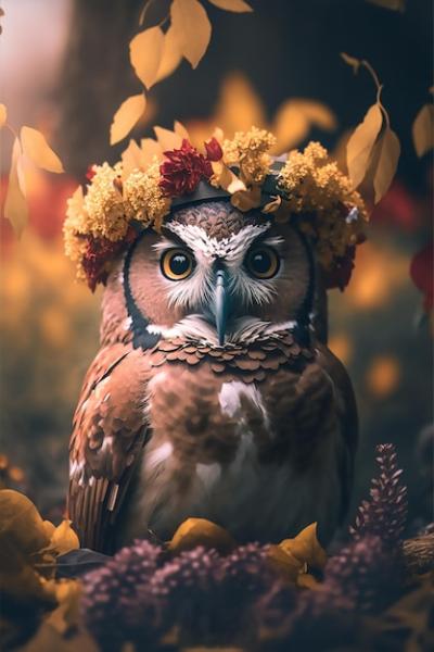 A Beautiful Brown Owl Surrounded by Yellow Flowers and Leaves â Free Download