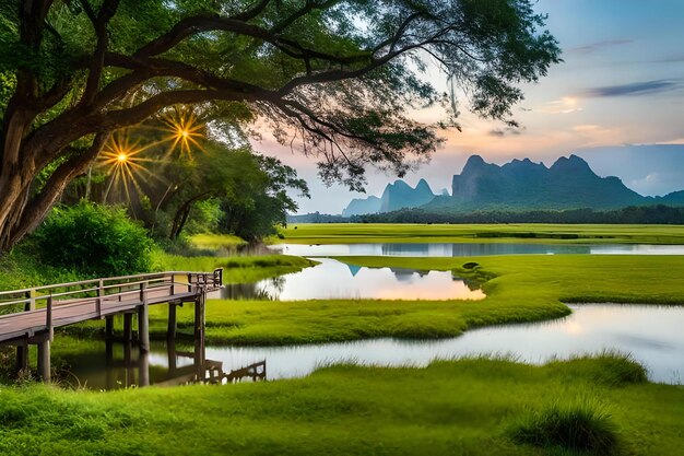 A Wooden Bridge Over a Lake at Sunset – Free Stock Photo, Download Free