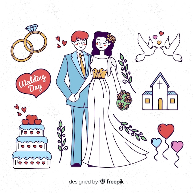 Hand Drawn Wedding Couple with Elements – Free Download