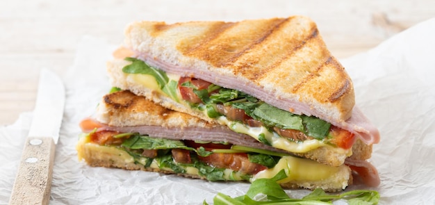 Panini Sandwich with Ham, Cheese, Tomato, and Arugula – Free Stock Photo for Download