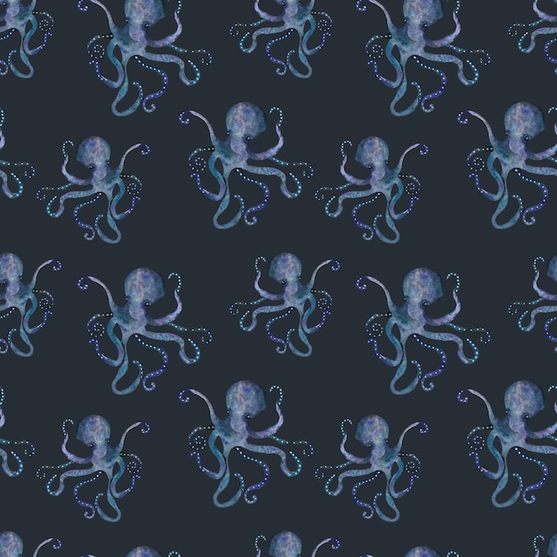 Watercolor Illustration of Blue Octopus Seamless Pattern – Free Download