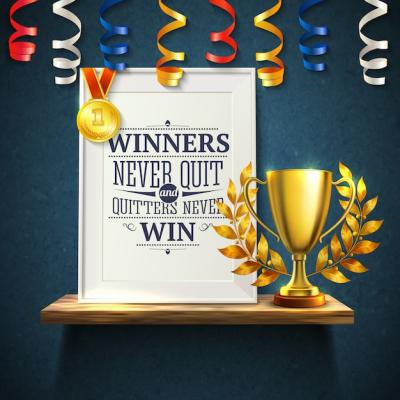 Realistic Illustration of Winners Quotes with Victory and Cup Symbols – Free Download