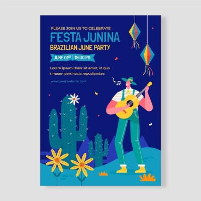 Flat Vertical Poster Template for Brazilian Festas Juninas Celebrations – Free Download