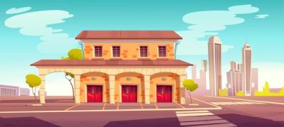 Fire Station Building with Closed Red Gates – Cartoon Summer Cityscape of Firefighter Department | Free Download