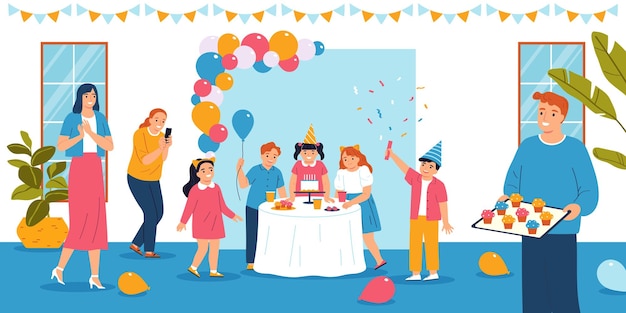 Happy Children Celebrating a Birthday – Vector Illustration for Free Download