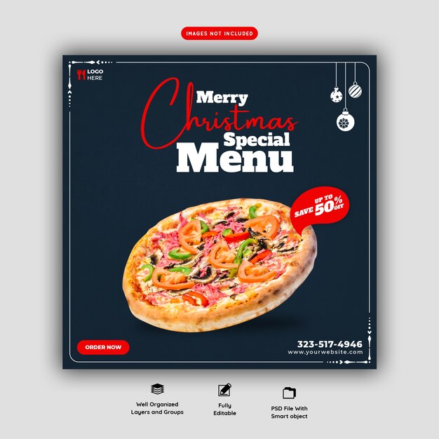 Merry Christmas Food Menu and Delicious Pizza Social Media Banner Template – Free Download