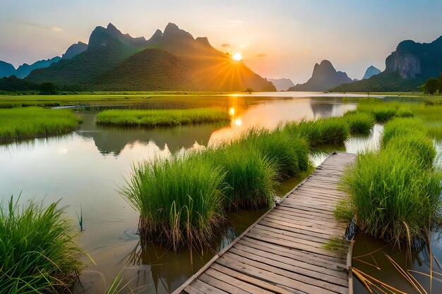 A Wooden Bridge Over a Lake at Sunset – Free Download