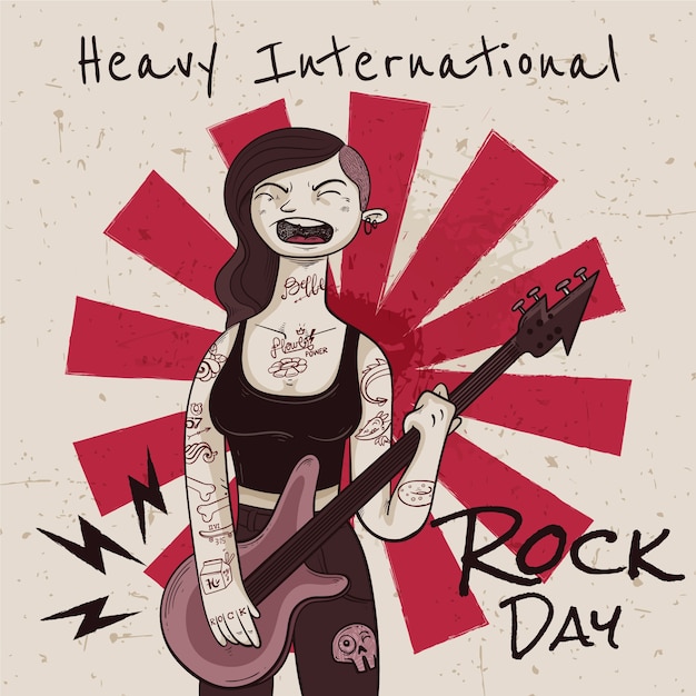 Hand-Drawn World Rock Day Illustration Featuring a Musician Playing Guitar – Free Download