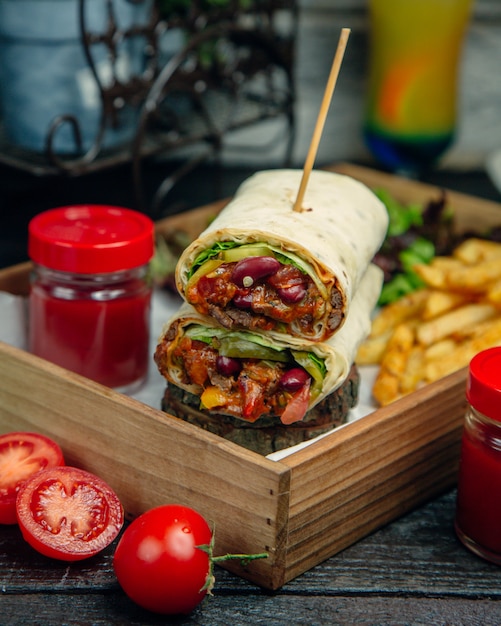 Delicious Meat Wrap with Ketchup and Fries – Free Download