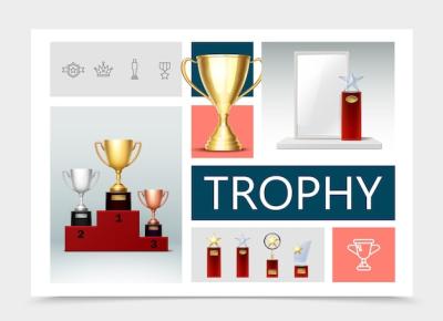 Realistic Trophies Composition with Cups, Medals, and Stars – Free Stock Photo Download