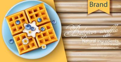 Belgian Waffle Topped with Cream, Blueberries, and Chamomile Flowers on a Blue Plate – Free Download