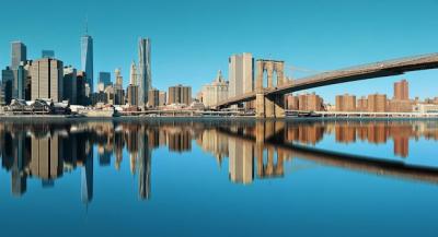 Manhattan Financial District Skyscrapers and Brooklyn Bridge Reflections – Free Download