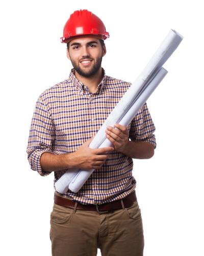 Man Smiling with a Red Helmet and Blueprints – Free Stock Photos for Download