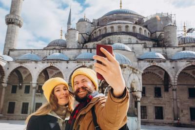 A Young European Couple Takes a Selfie at the Blue Mosque in Istanbul, Turkey – Free Stock Photo, Download for Free