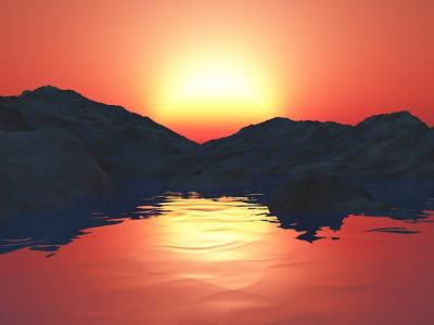 3D Mountains Against a Sunset Sky with Ocean – Free Download